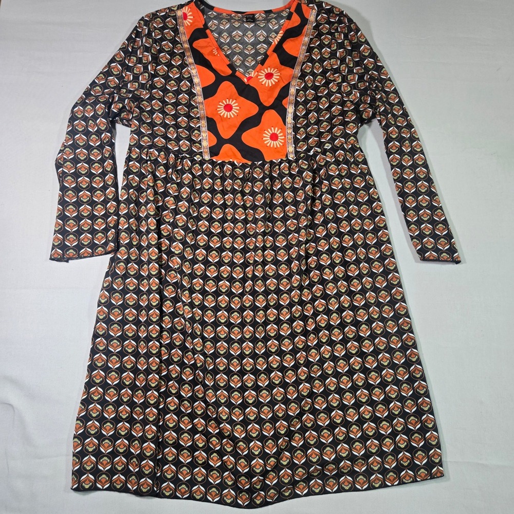 Emery Rose Orange Black Floral V-Neck Long Sleeve Boho Dress 3XL